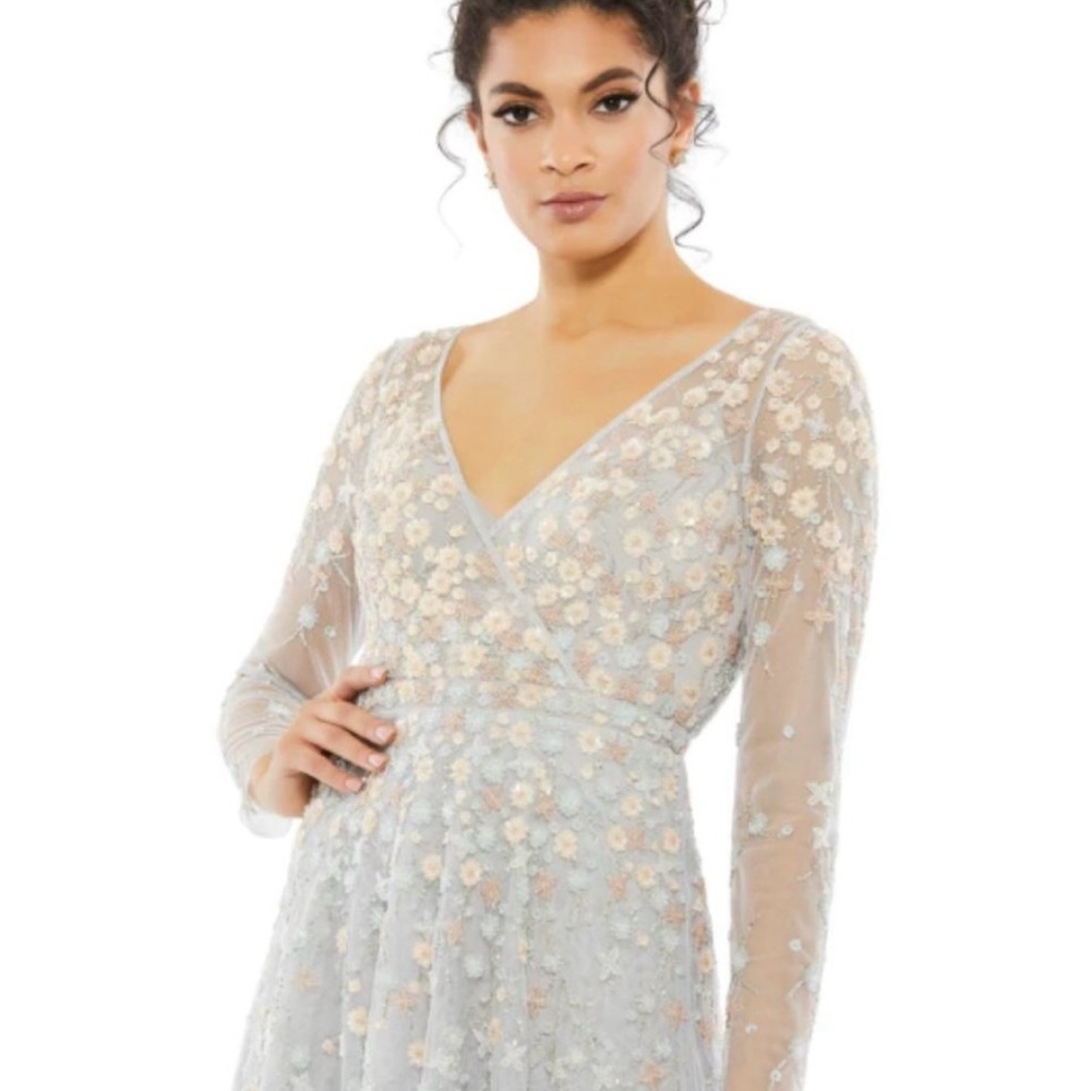 Mac Duggal Size 12 Platinum Embellished Wrap Over Illusion LongSleeve 9131 Dress